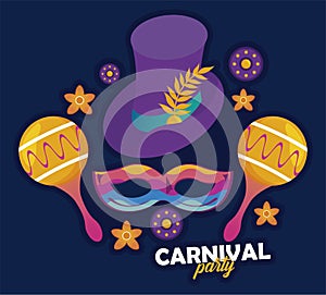 mardi gras carnival party celebration with maracas and tophat