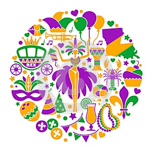 Mardi Gras carnival round composition, flat style with feathers, beads, jester hat, mask, fleur de lis