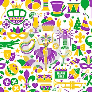 Mardi Gras carnival seamless background, flat style. Pattern with feathers, beads, jester hat, mask, fleur de lis