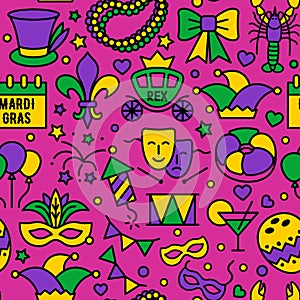 Mardi Gras carnival seamless background, flat style. Pattern with feathers, beads, jester hat, mask, fleur de lis