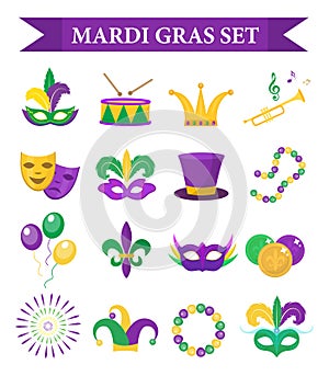Mardi Gras carnival set icons, design element , flat style. Collection, mask with feathers