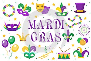 Mardi Gras carnival set icons, design element , flat style. Collection, mask with feathers