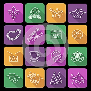 Mardi Gras carnival set icons, design element , linear style. Collection Mardi Gras, mask with feathers, beads and other