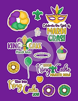 Mardi Gras carnival stickers. Festive King Cake, cupcake and donuts with colorful icing, baby Jesus toy, masks