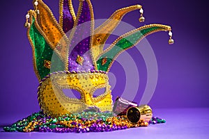 Mardi Gras or Carnivale mask on a purple background