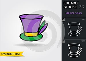 Mardi gras cilinder hat. Line icon with editable stroke with shadow