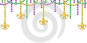 Mardi Gras decorative background with colorful traditional beads and gold symbols, vector illustration