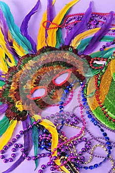 Mardi Gras feathered masks party hat beads