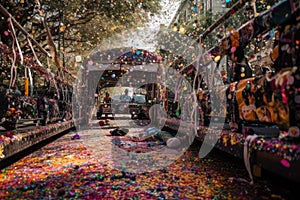 mardi gras float, with colorful confetti and beads strewn across the parade route