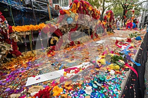 mardi gras float, with colorful confetti and beads strewn across the parade route