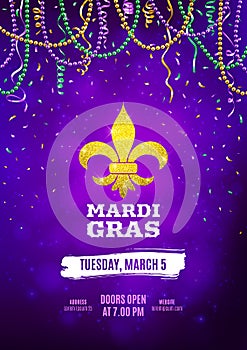 Mardi Gras flyer, decorative advertisement banner with colorful beads, vector illustration