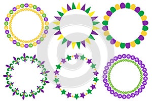 Mardi Gras frame set. Cute round border with space for text. Isolated on white