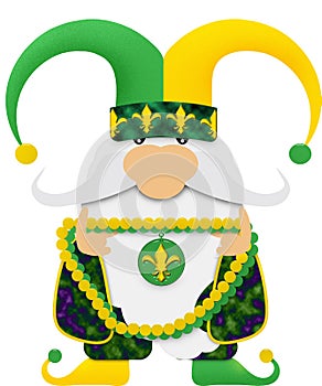 Mardi Gras Gnome in Jester Hat with Beads with Clipping Path Illustration Isolated on White