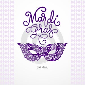 Mardi Gras lettering with carnival mask