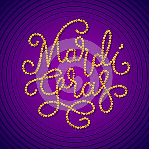 Mardi Gras lettering consist of gold beads on dark purple background
