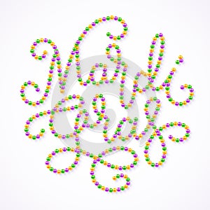 Mardi Gras lettering consist of gold, green, purple beads