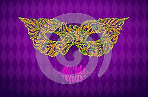 Mardi Gras lettering like red lips with carnival mask