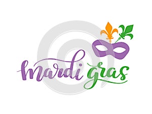 Mardi Gras Lettering Phrase. Vector Holiday Banner with Royal Lily Element and florishes designs