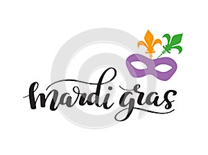 Mardi Gras Lettering Phrase. Vector Holiday Banner with Royal Lily Element and florishes designs