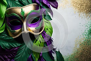 Mardi Gras mask with feathers with empty space on the right. For party invitation, advertising or banner. Generative AI