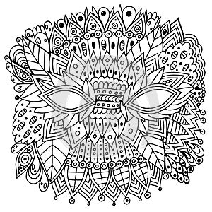 Mardi Gras ornated mask - outline isolated element. Doodle line artwork. Coloring page for adults. Vector illustration
