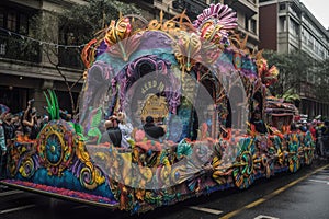 mardi gras parade, with a colorful and elaborate float passing by