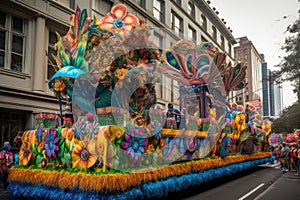 mardi gras parade, with a colorful and elaborate float passing by