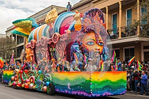 a mardi gras parade, with colorful floats, performers, and revelers photo