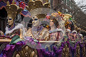 mardi gras parade, with float carrying the king and queen of carnival
