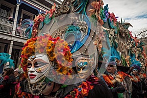 mardi gras parade, with float featuring masked revelers dancing to music