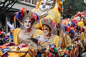 mardi gras parade, with floats and costumed revelers marching through the streets
