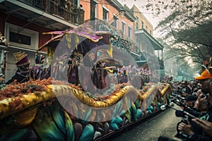 mardi gras parade, with floats and performers, marching through the streets