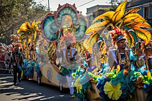 mardi gras parade, with floats and performers, marching through the streets