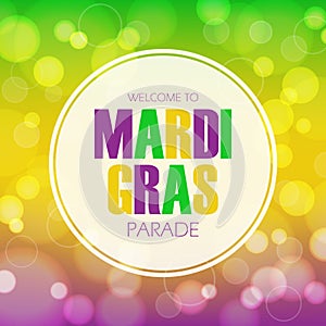 Mardi Gras parade invitation card with bokeh background.