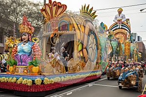 mardi gras parade with marching bands and floats, including a king and queen in their chariots