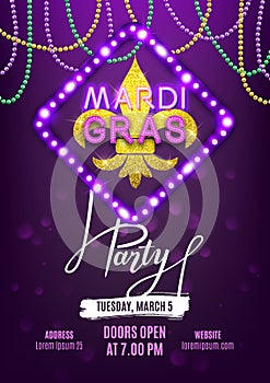 Mardi Gras party carnival banner, decorative beads and shiny gold symbol, vector illustration