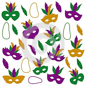 Mardi gras pattern with mask feathers and necklaces