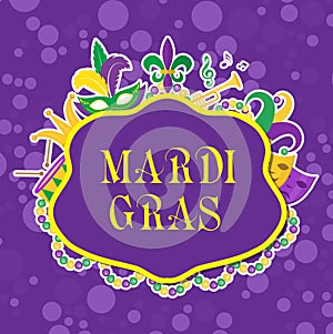 Mardi Gras poster with mask, beads, trumpet, drum, fleur de lis, jester hat, masks