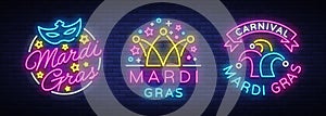 Mardi Gras set of design template for greeting cards, flyers. Fat Tuesday is collection of festive illustrations in neon