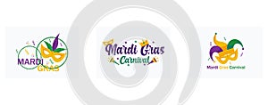 Mardi Gras or Shrove Tuesday , mardigras poster for party or post to social media, harlequin hat mask mardi gras carnival, set