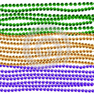 Mardi gras traditional necklaces. Gold, green, purple beads isolated on white background. Set for Celebratory Design, Xmas Holiday