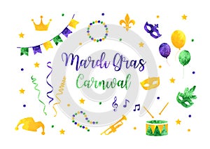 Mardi Gras traditional symbols collection whis carnival masks, party decorations. Watercolor silhouettes mardi gras