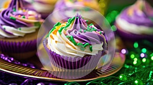 Mardi Gras Treats food and drinks in purple, green, yellow colors background. Masquerade festival carnival masks, gold