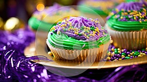 Mardi Gras Treats food and drinks in purple, green, yellow colors background. Masquerade festival carnival masks, gold