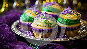 Mardi Gras Treats food and drinks in purple, green, yellow colors background. Masquerade festival carnival masks, gold
