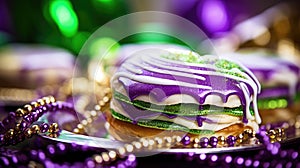 Mardi Gras Treats food and drinks in purple, green, yellow colors background. Masquerade festival carnival masks, gold