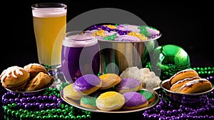 Mardi Gras Treats food and drinks in purple, green, yellow colors background. Masquerade festival carnival masks, gold