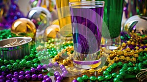 Mardi Gras Treats food and drinks in purple, green, yellow colors background. Masquerade festival carnival masks, gold