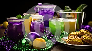 Mardi Gras Treats food and drinks in purple, green, yellow colors background. Masquerade festival carnival masks, gold