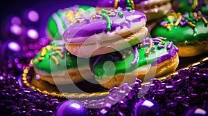 Mardi Gras Treats food and drinks in purple, green, yellow colors background. Masquerade festival carnival masks, gold